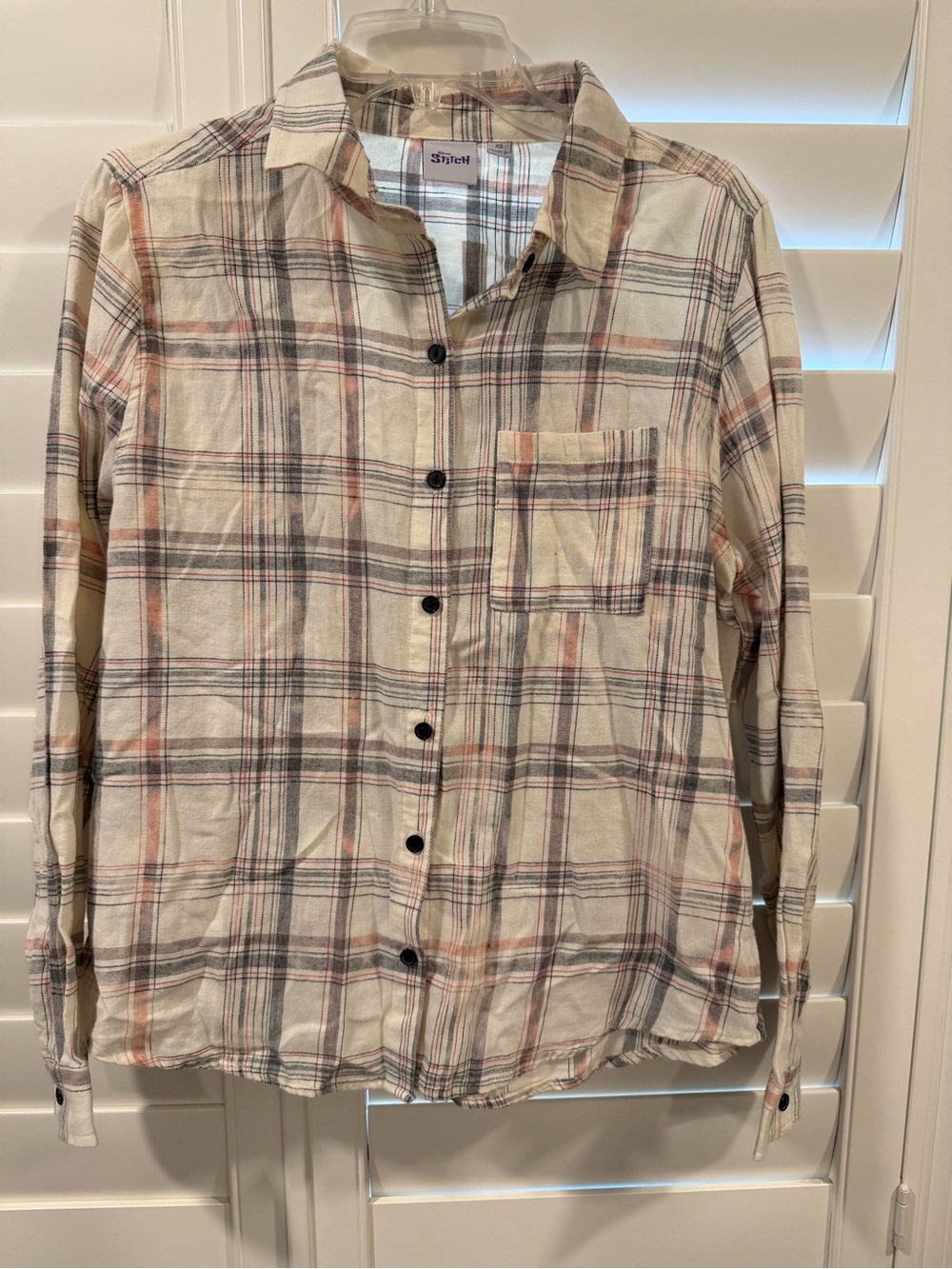 Disney Cream Plaid Button-Down Shirt with Gray and Soft Orange Lines